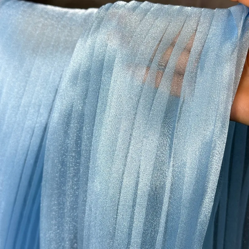 Sky Blue Pleated Accordion Shiny Organza Fabric 3D Textured Material for Designer Wedding Dresses Evening Gowns Sewing Crafts