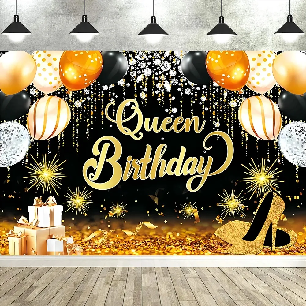 

Black Gold Diamond Crown Theme Queen's Birthday Party Background, Girl's Birthday Party Decoration Banner Photography Background