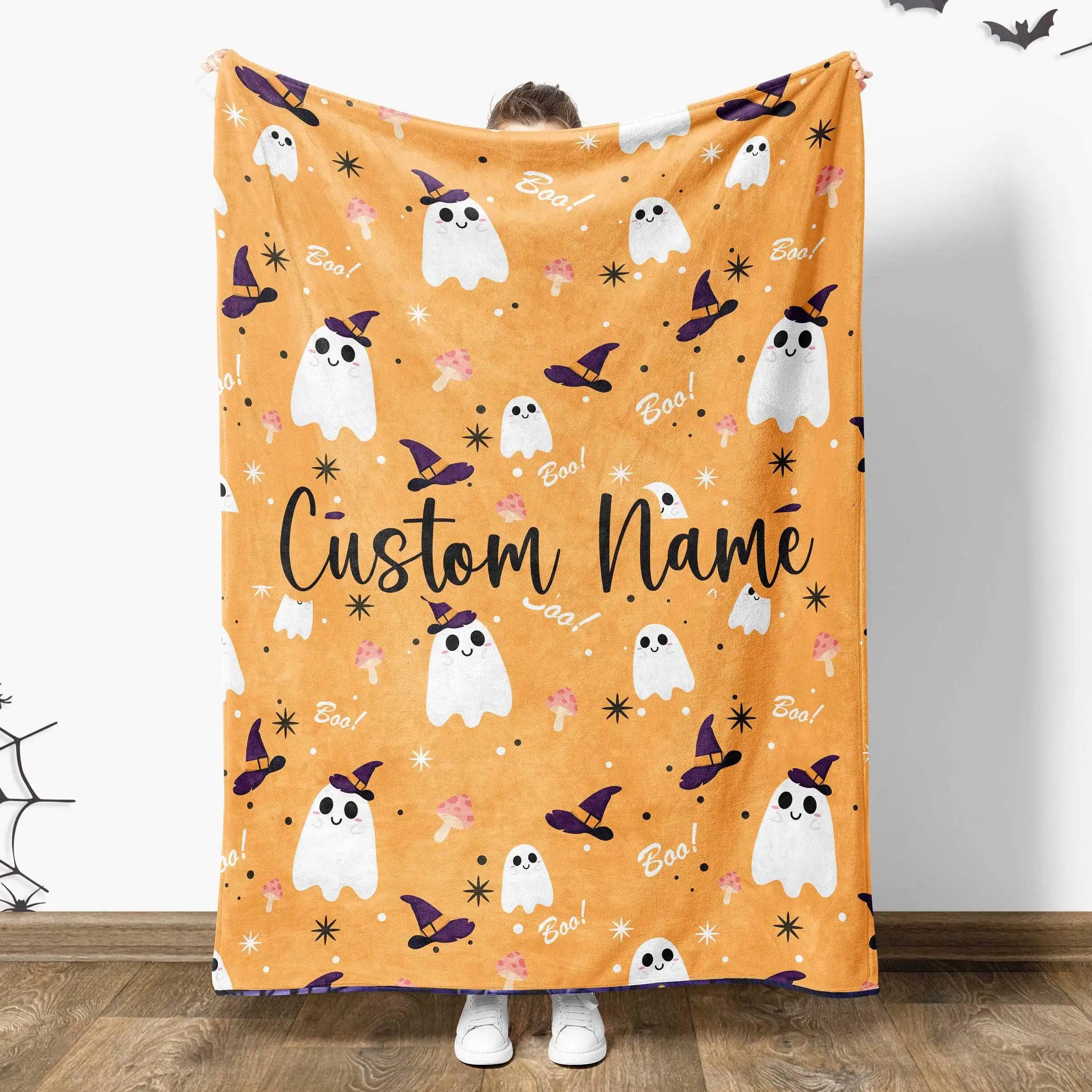 Halloween Custom Name Throw Blanket Halloween Ghost Spooky Kids Decor for Personalized Holiday Best Gifts