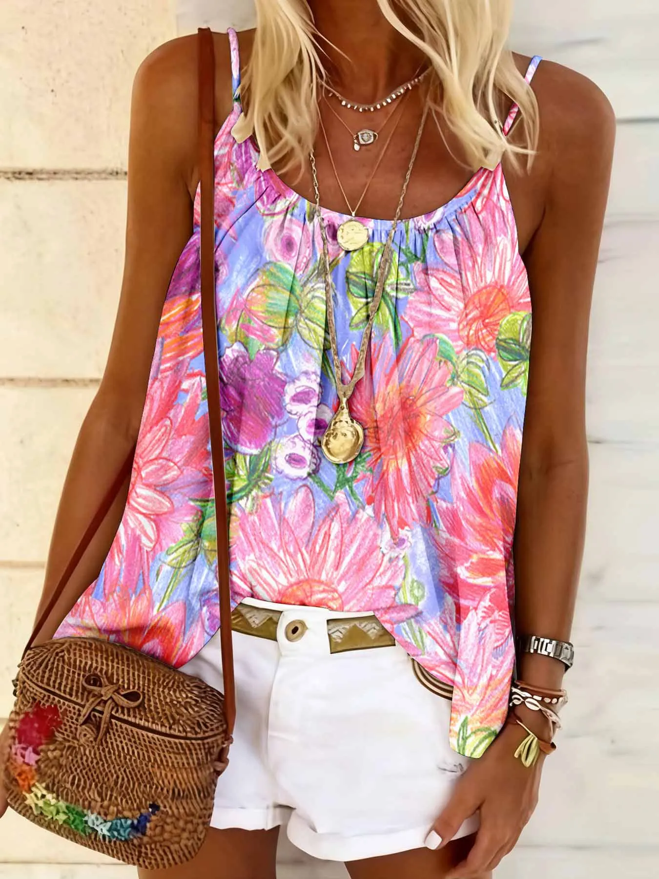 Sommerliches, lockeres Camisole-Top mit Rundhalsausschnitt, bequem, hautfreundlich, lässig, vielseitig, temperamentvolles Oberteil für Damen – Detail 4
