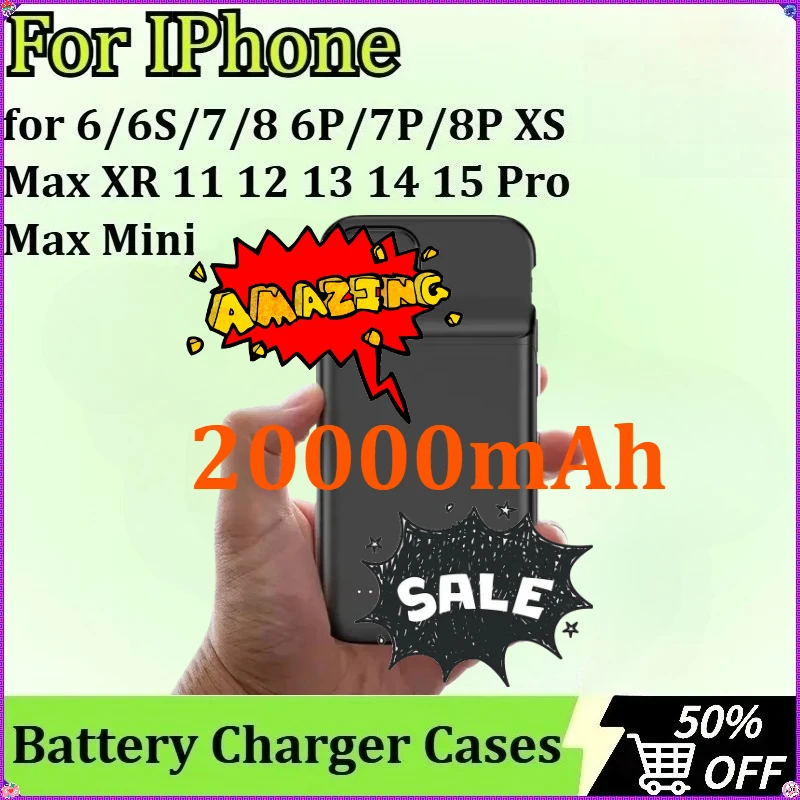 

20000mAh for IPhone 6/6S/7/8 6P/7P/8P XS Max XR 11 12 13 14 15 Pro Max Mini Battery Charger Case Power Bank Charger Cover