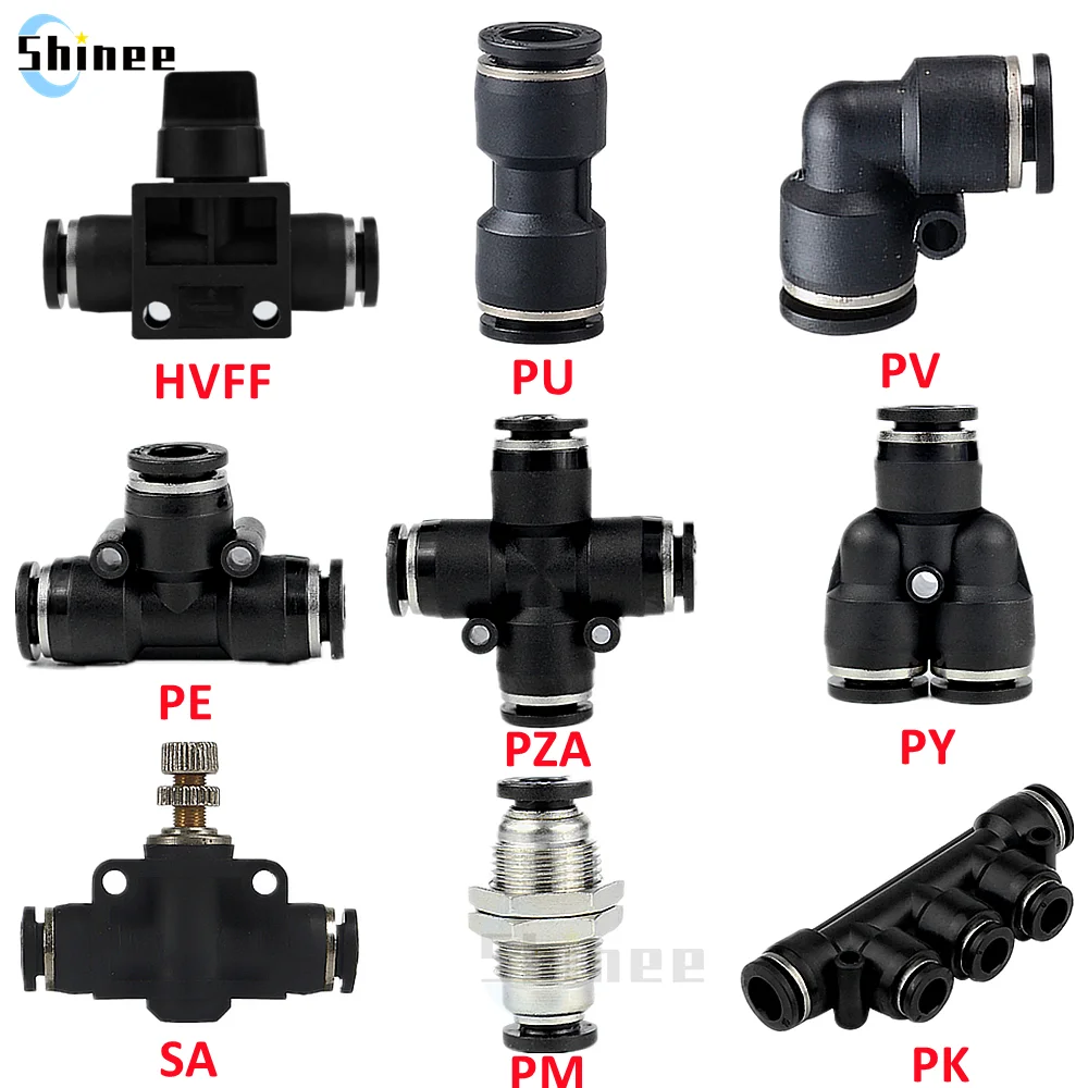 High Quality Black Pneumatic Fitting Pipe Connector Tube Air Quick Fittings 3/4/6/8/10/12/14/16mm PU PY PK PE PV SA HVFF  PZA PM