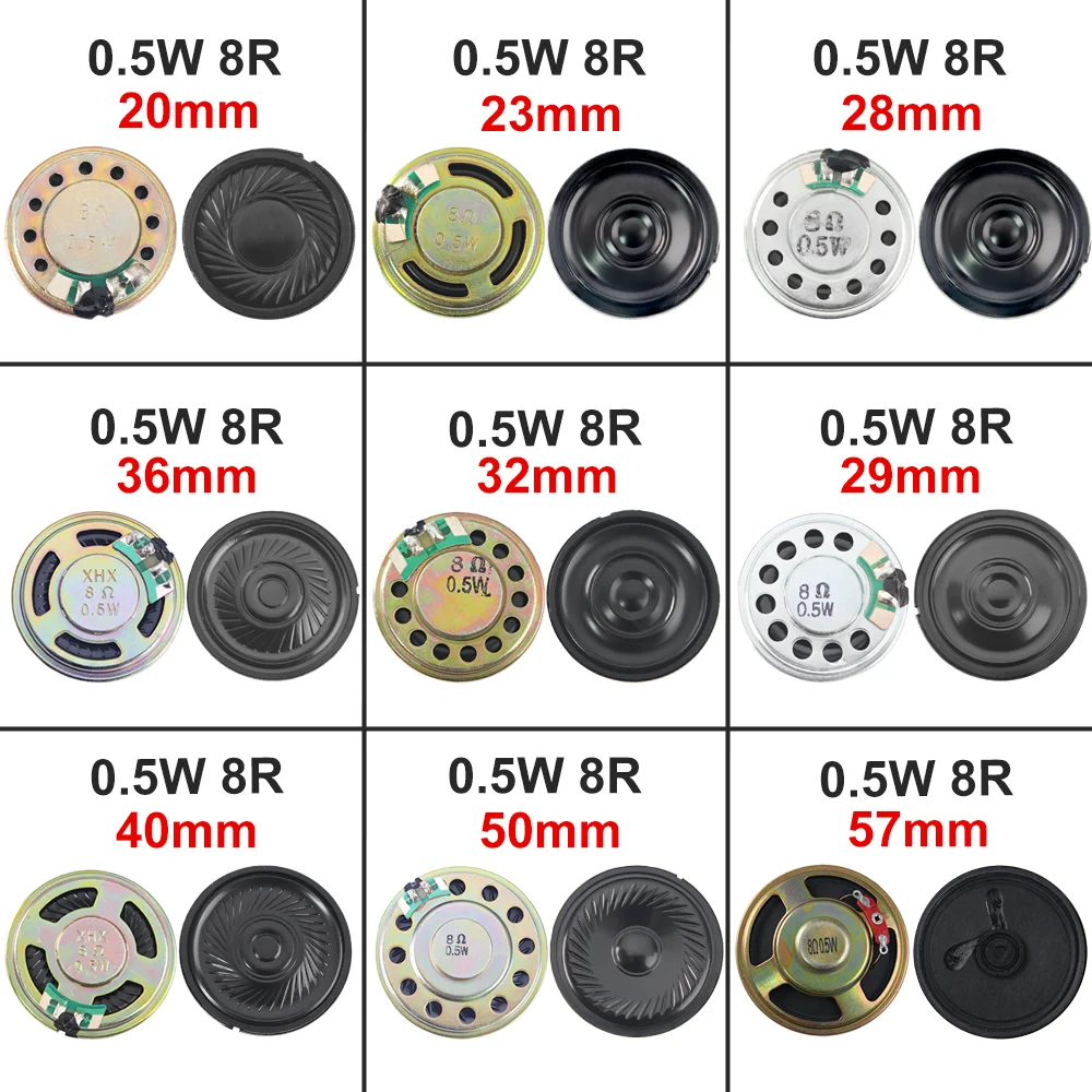 5PCS 0.5W 8ohm Speaker Mini Loudspeaker Diameter-20/23/28/29/32/36/40/50/57mm Iron Case Inner Magnet Ultrathin Speaker for Audio