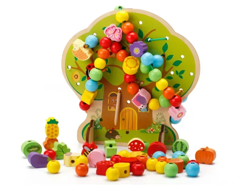 [Funny] My fruit tree Colorful Multifunction Tree Wooden Beads Toys Education Wooden Toys Animal Fruit Beads Montessori Toy gift