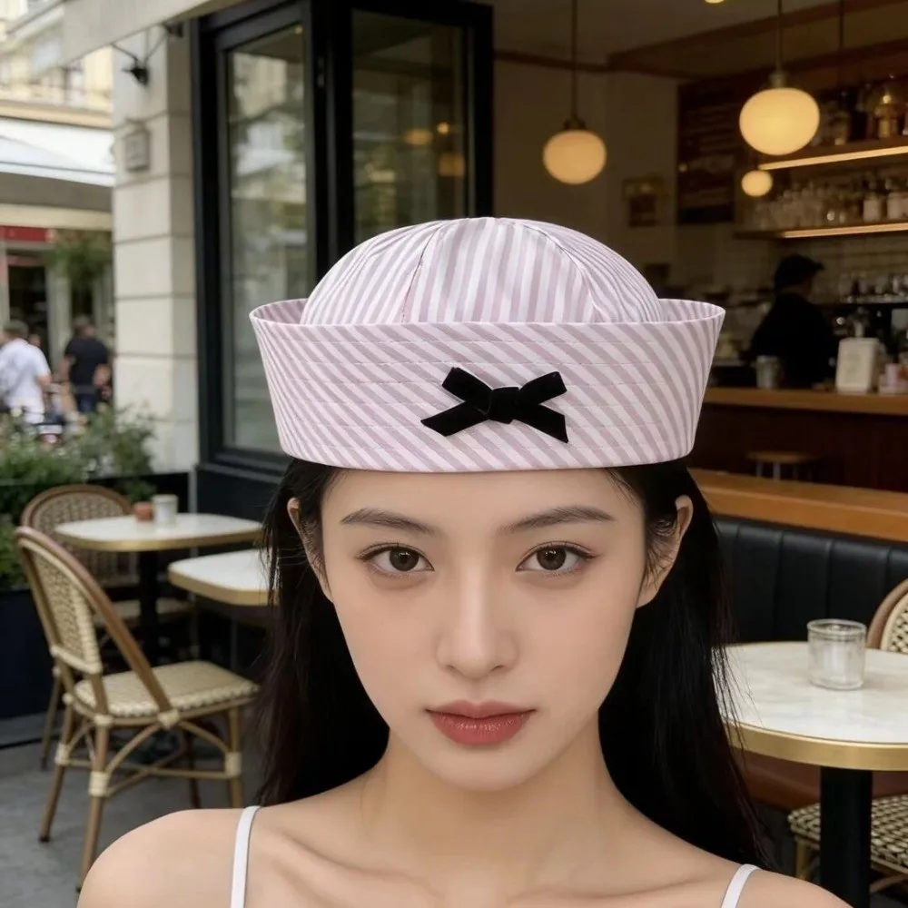 Sweet Y2K Stripe Sailor Hat Bow JK Navy Hat Polyester Flipped Brim Dome Hat Rave Festivals