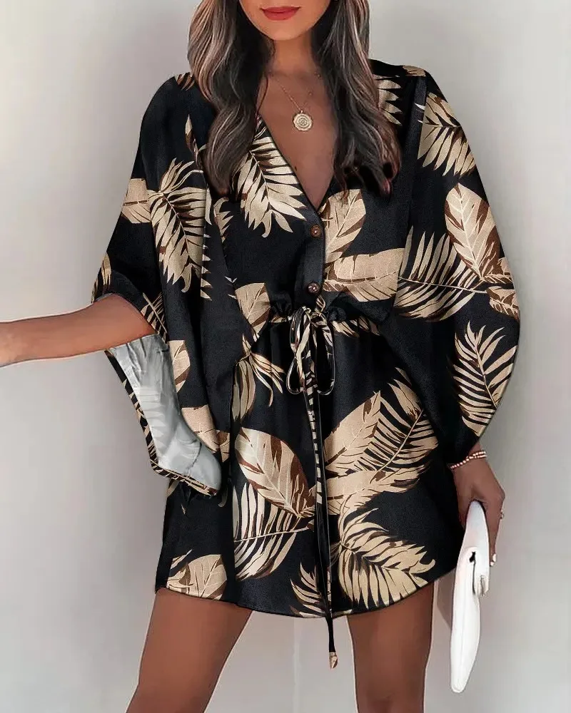 Women's Summer Dress Short Skirt Flying Sleeve V-Neck Lace-Up Waist Casual Loose Holiday Banana Leaf Print Women's Midi Dress