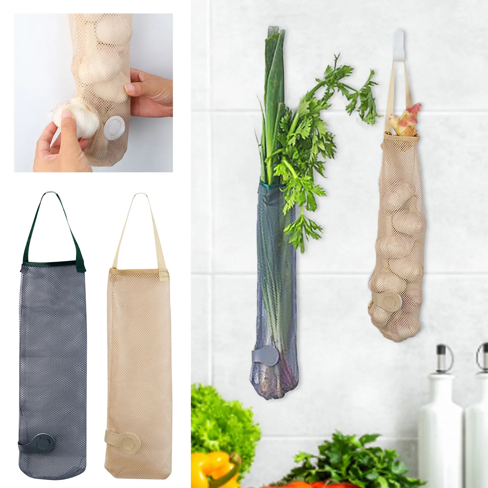 Household Long strip Fruit Vegetable Fresh Mesh Bag Foldable Wall Hanging Reusable Kitchen Fruit Vegetable Storage Bag Organizer