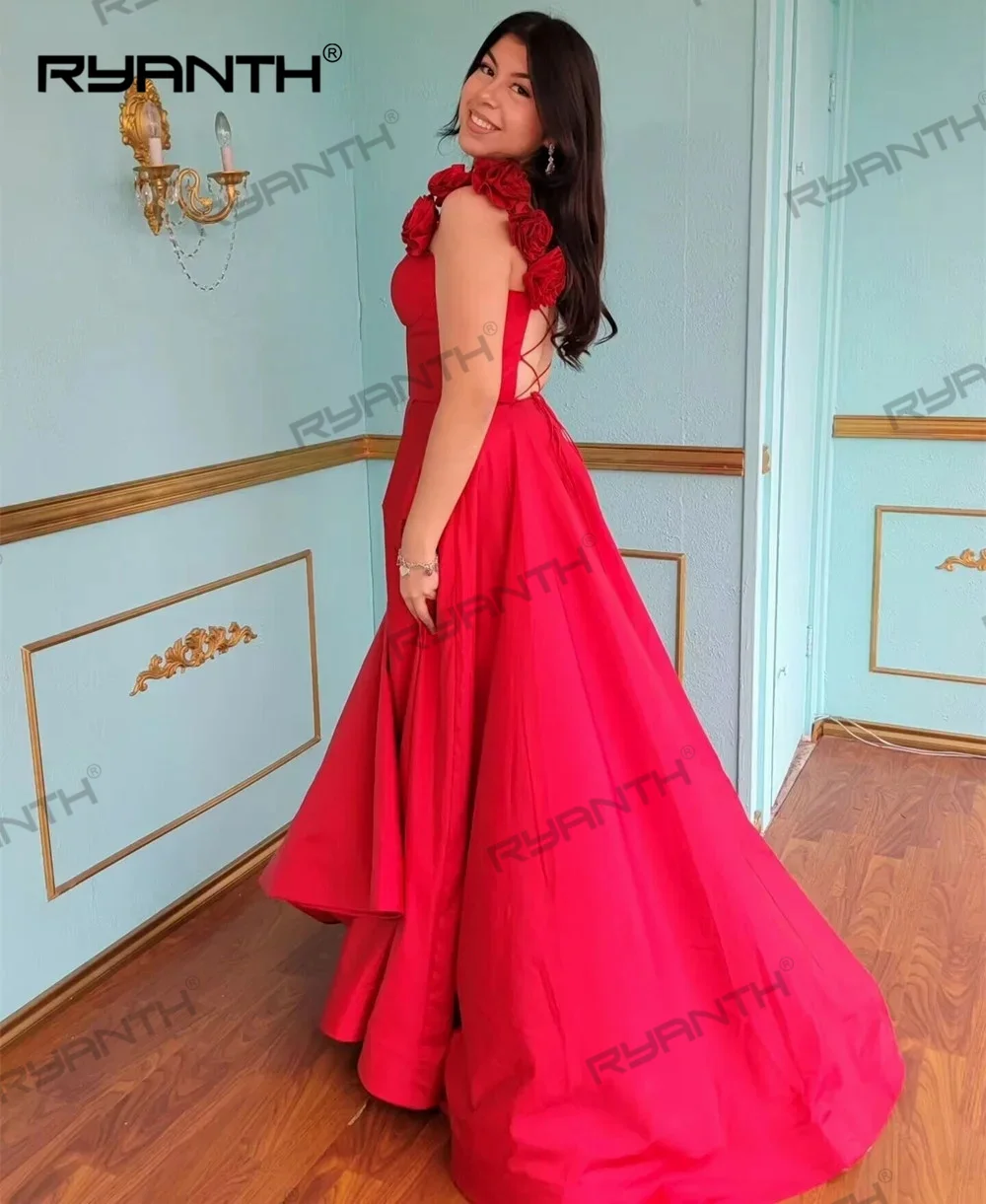 Ryanth 2024 Taffeta A-line Red Prom Party Gown With Slit Rosette Straps Lace Up Closure Long Evening Dresses vestidos para mujer