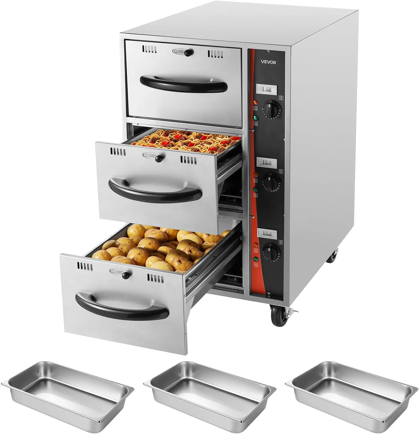 

Commercial Electric Drawer Warmer, Three-Drawer Stainless Steel Food Warmer, Freestanding Compact Warming Drawer Cabinet, 85°F–1