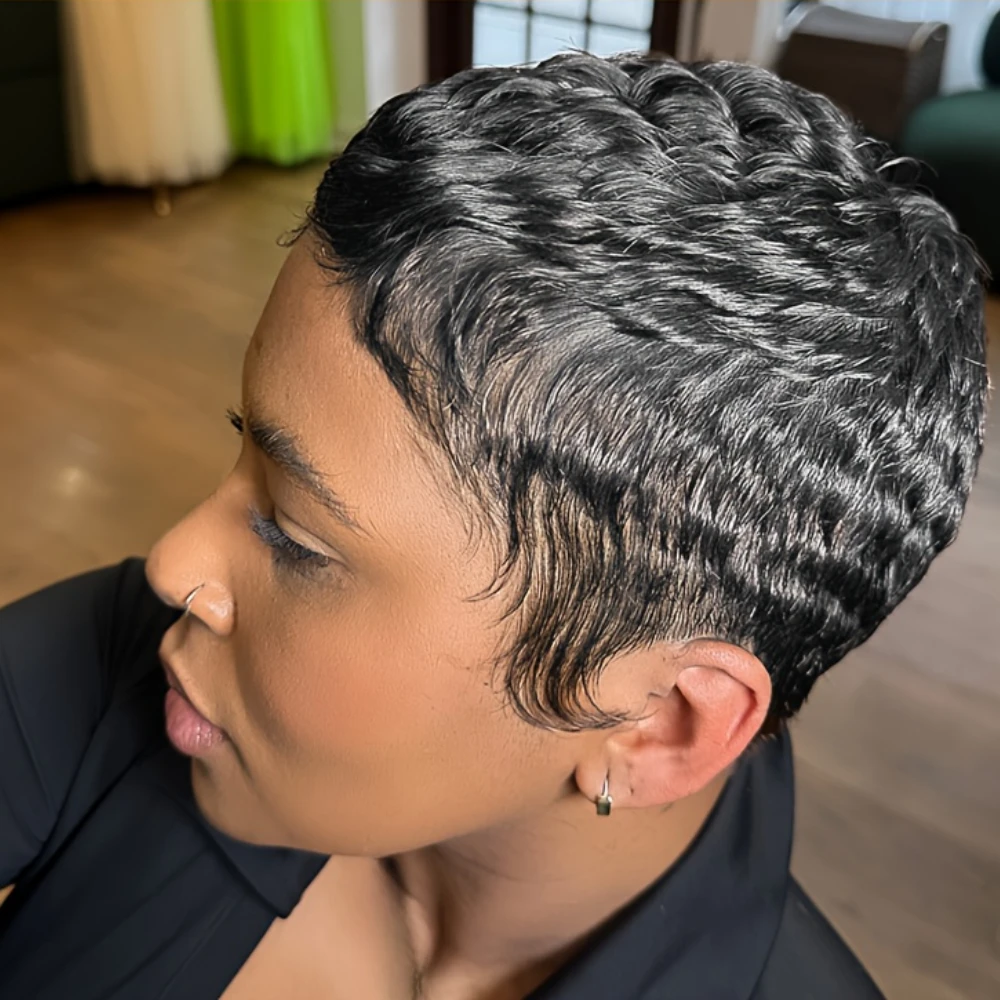 ピクシーカットカーリーウェーブ人毛ウィッグ 女性用 フルマシンメイドウィッグ デイリーウェア＆パーティー用 密度150% 4インチ