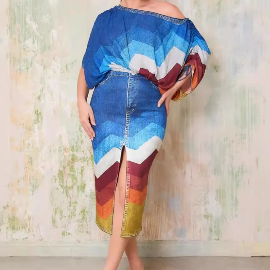 

Fashionable Slanted Shoulder Multicolor Patchwork Printed Bat Sleeve Top With Split Hips Short Skirt For Women Two-piece Set
