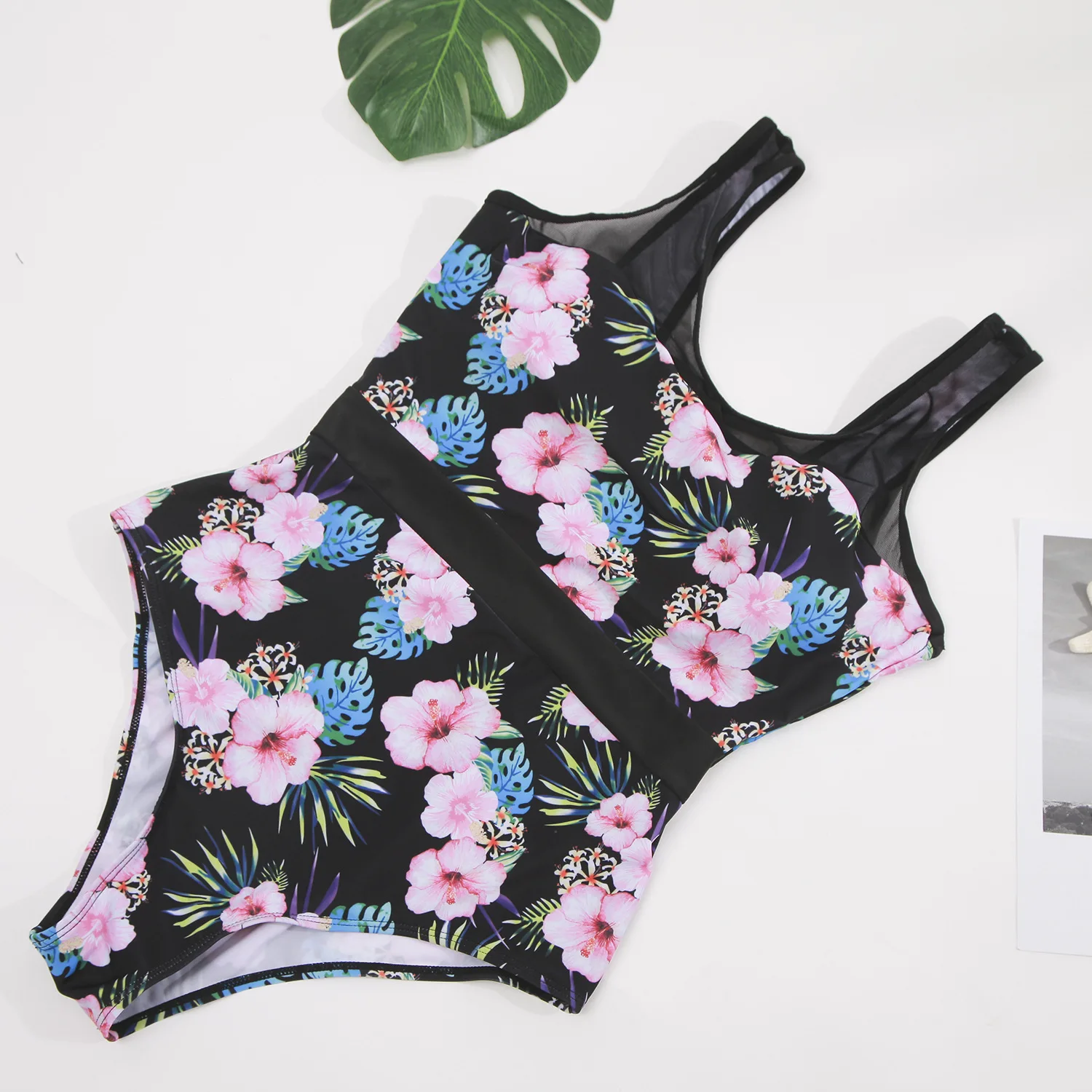 Plus Size One Piece Swimsuit, Mesh Neck Tropical Floral Print Tummy Control Slim Bathing Suit for Brazilian Beach Pool Swimming