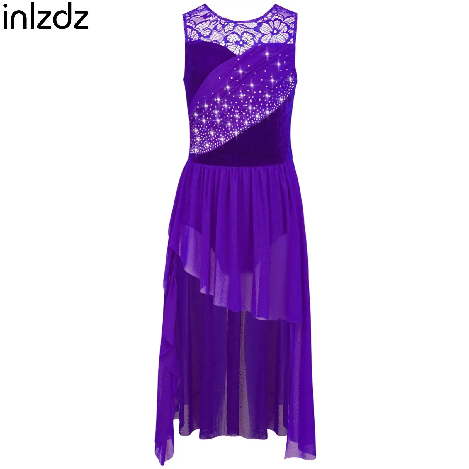 

Child Girl Modern Lyrical Dance Costume Lace Patchwork Ruched Rhinestones Mesh Overlay Dress Contemporary Skating Dance Clothes