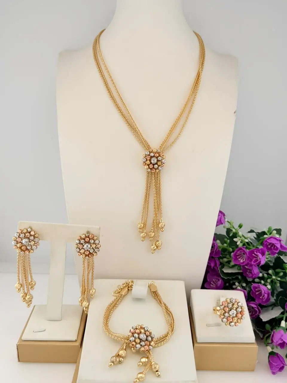Trendy Three Tone Beads Jewelry Set Long Chains Popular Textured Necklace Bracelet Earrings Ring 4PC Jewellery for Wedding Party