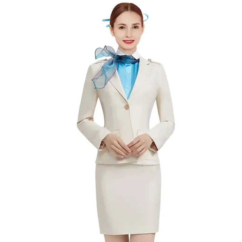 South Korean Women's Airline Aviation Flight Stewardess Uniform Skirt Short Sleeve Shirt Attendant Work Clothes - Glossy Blue