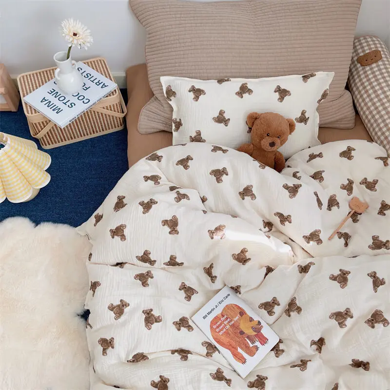 3PCS Cotton Muslin Bedding Set With Teddy Bear Printing High-quality Muslin Bedding Twin Size