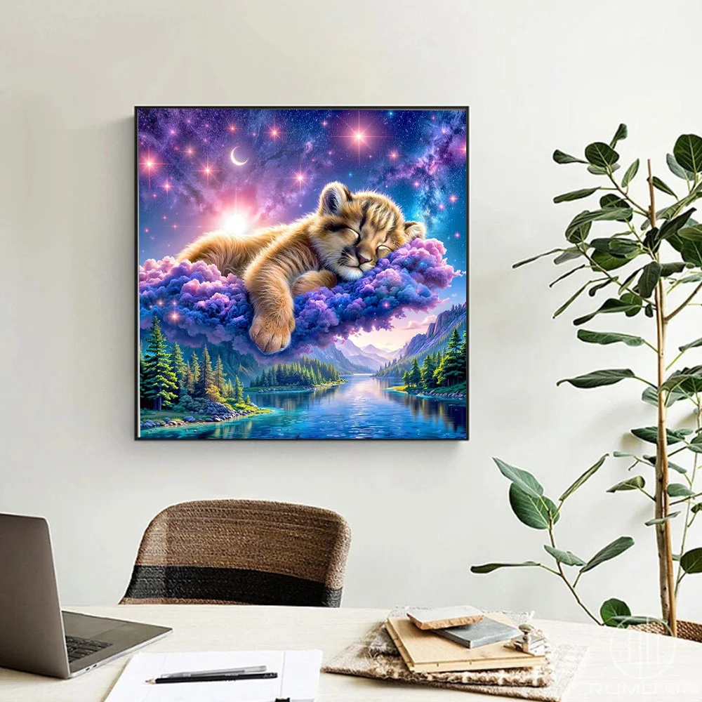 Huacan 5d Diy Diamond Embroidery Sleeping Tiger Mosaic Art Full Square Round Kits Nature Landscape Diamond Painting Home Decor view 3
