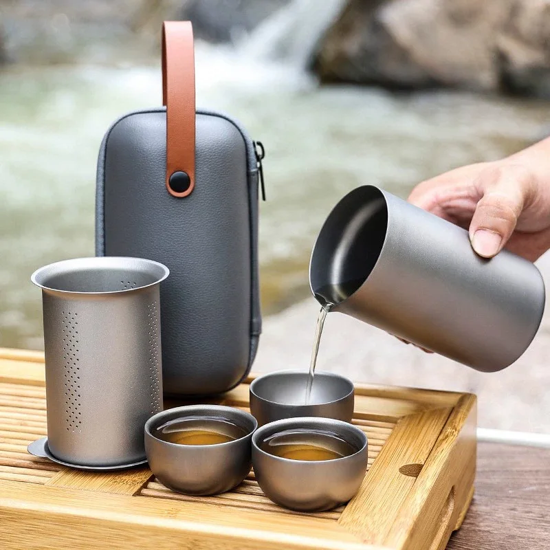Portable Pure Titanium Kung Fu Tea Set Double Layer Insulated Titanium Cup Outdoor Camping Quick Filter Tea Maker Ultralight Tit