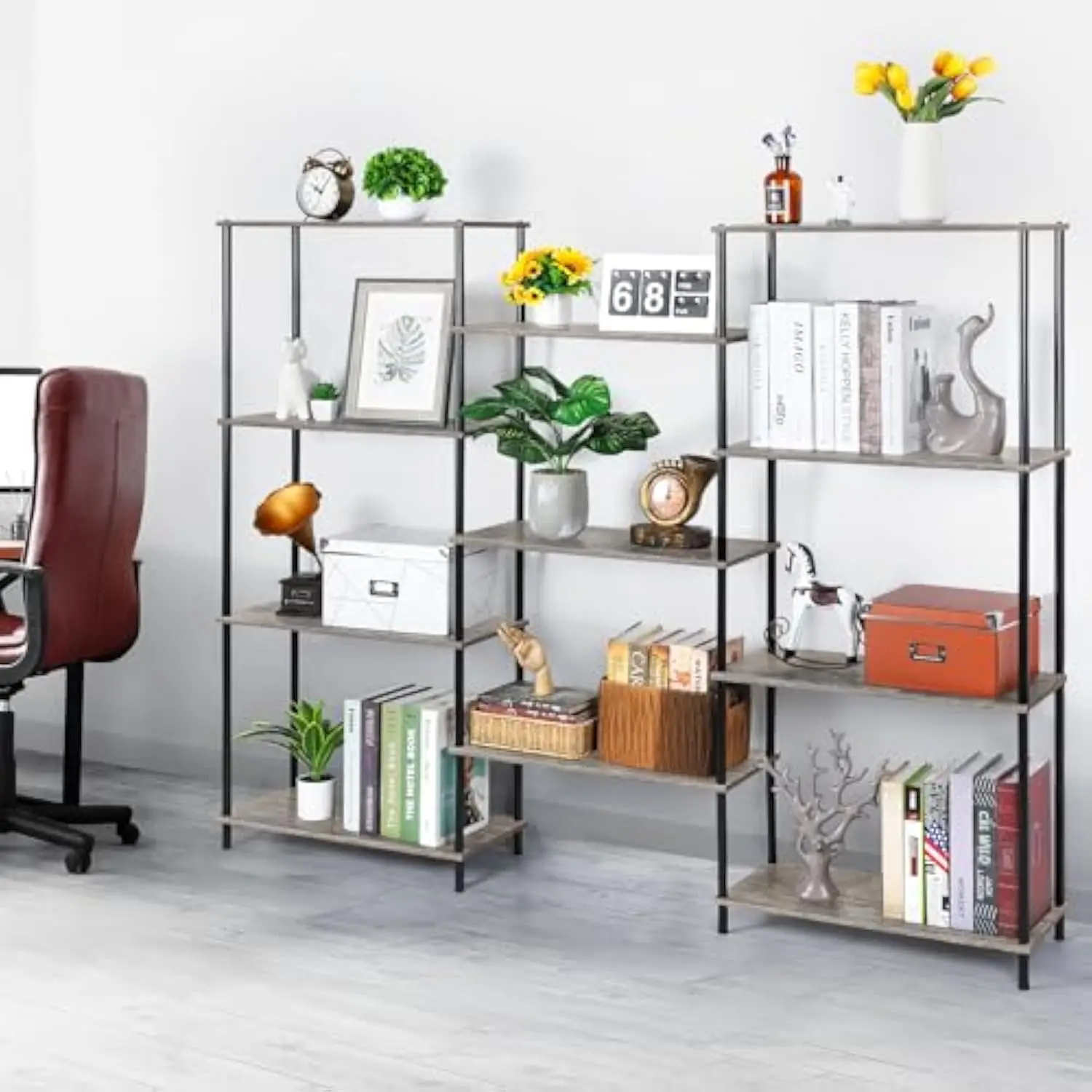 

4 Tier Bookshelf, Industrial Bookcase, Large Etagere Bookshelf Open Display Shelf with Metal Frame and 2 Anti-Tipping Strap,