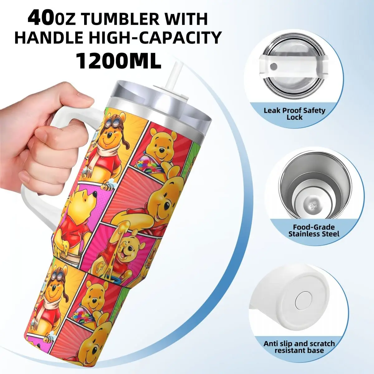 Winnie Bear Stainless Steel Tumbler Travel Thermal Mug With Straws and Lid Large Capacity Mugs Cup Hot Drinks Water Bottle