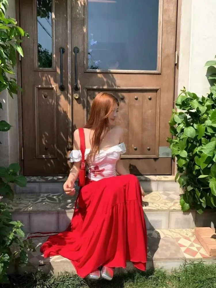 IMU 2000s Aesthetic Elegant 2 Piece Set Women Summer Y2k V-neck Design Blouse + Red Chic Skirt Female Korea Style Chic Retro Out