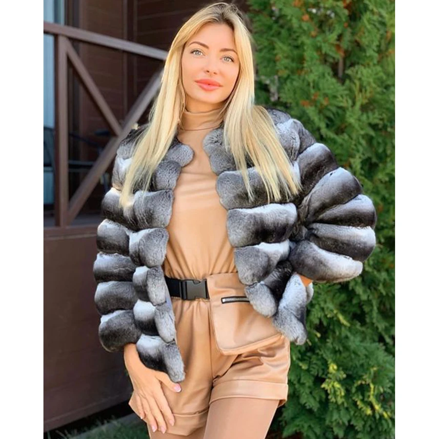 Chinchilla Fur Coats Women's Real Rex Rabbit Fur Short Coat Lapel High Quality Winter Fur Jacket Best Selling Styles