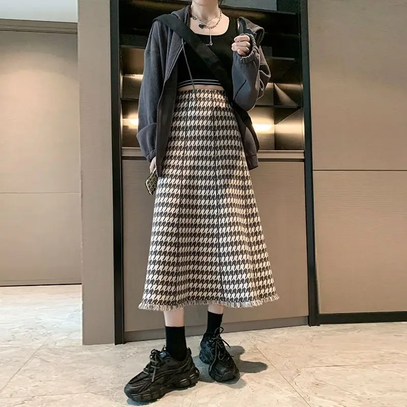 

Retro Thousand Bird Checker High Waist Slim Skirts 2023 Autumn Winter Fashion Women Skirts Preppy Style Loose A-Line Knit Skirts