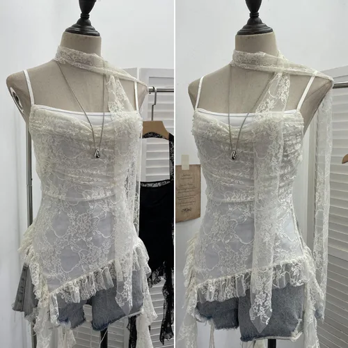 Imagen 2 del producto Camisola con cinta con volantes irregulares y empalme de encaje para mujer, Top Sexy sin mangas con espalda descubierta y un hombro, ropa de calle Partyclub1218