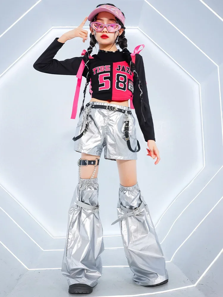 Neues Mädchen-Hip-Hop-Crop-Top, glänzende Cargohose, T-Shirt, Street-Dance-Shorts, Kinder-Streetwear, Kinder-Jazz-Mädchen-Gruppen-Kleidungssets – Detail 18