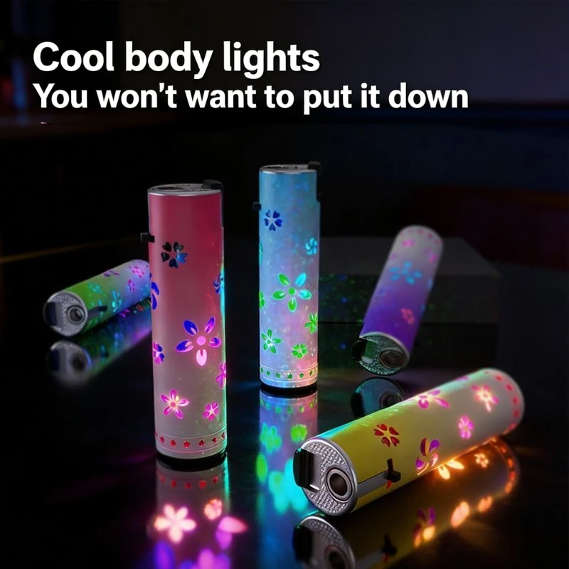 New Trending Candy Color Design Lighter with LED Flash Light Windproof Straight Blue Jet Flame Refillable Creative Cool Lighter