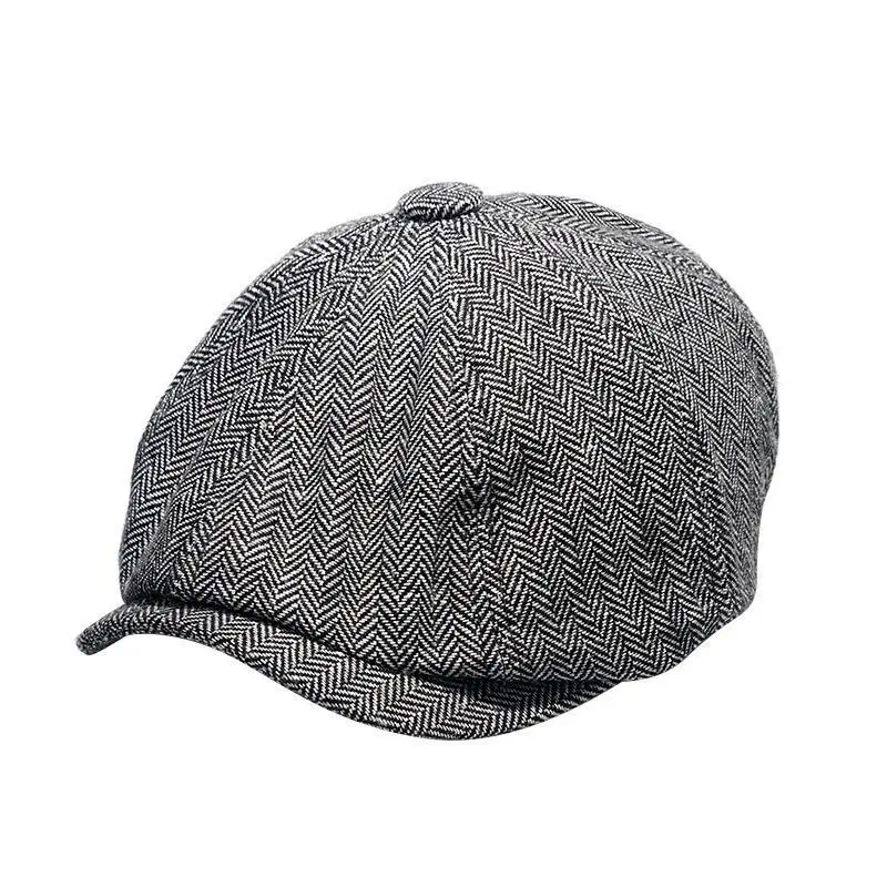 Merek Oohmy baret wol pria 8 Panel Newsboy topi datar Herringbone mode Vintage Headwear