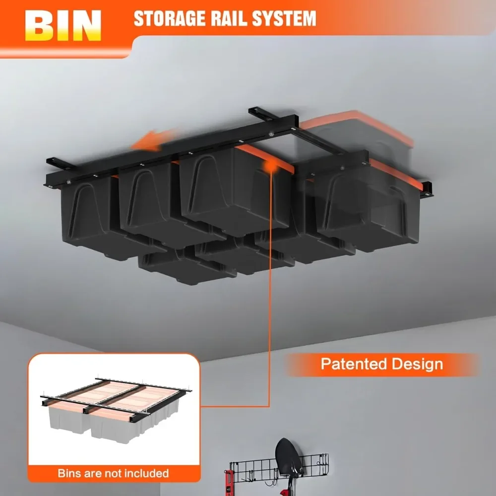 Garage Ceiling Bin Storage Rack, Overhead Tote  Rail System Heavy Duty Adjustable  Slide