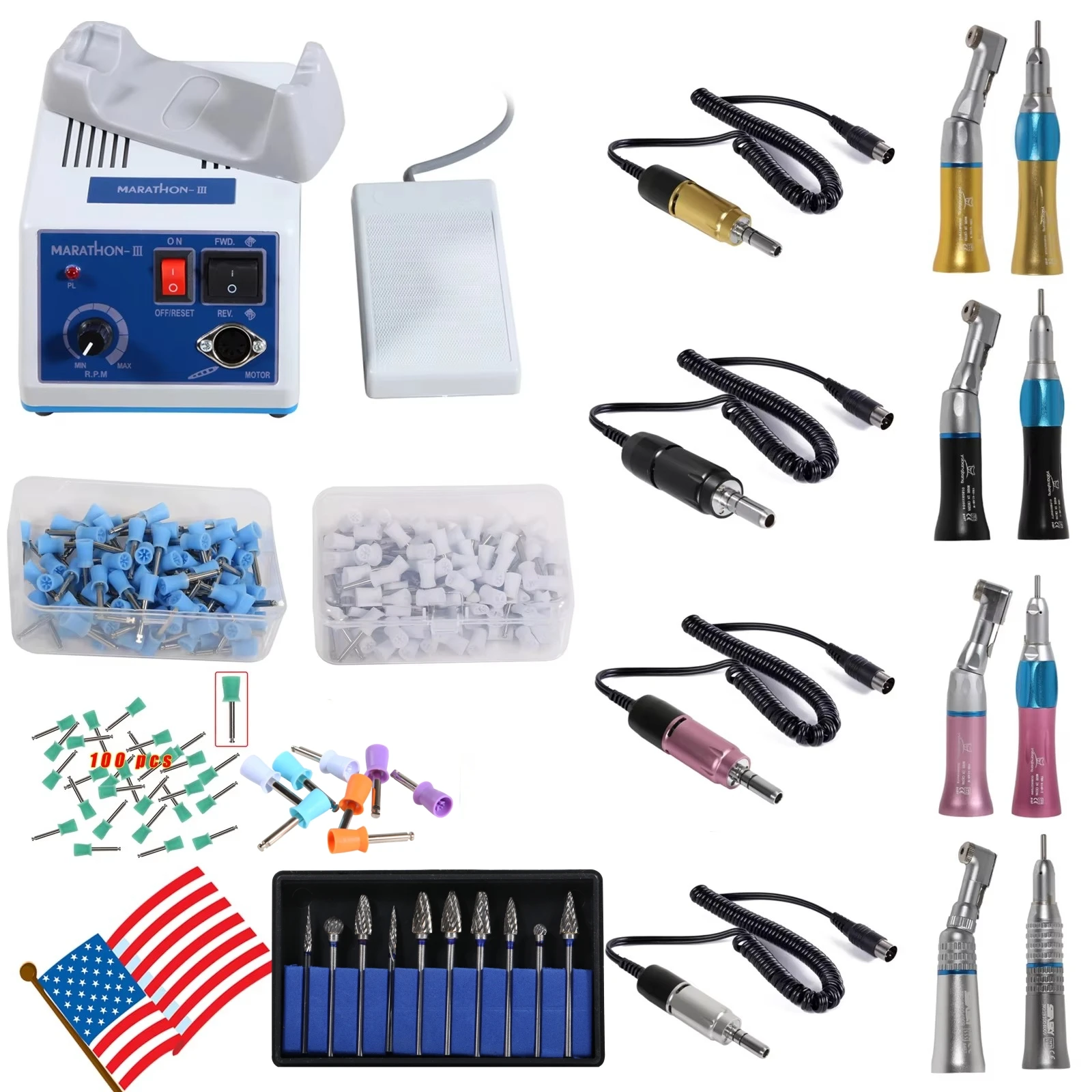 Dental Lab Marathon Electric Micromotor Polishing Motor/ Contra Angle / Straight Nosecone Handpiece 35K RPM /Burs