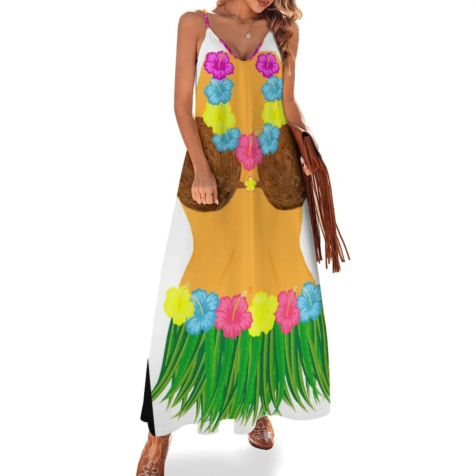 

Full Body Hula Dancer Shirt With Lei Flowers Grass Skirt Coconut Bra Sleeveless Dress prom dresses Dress