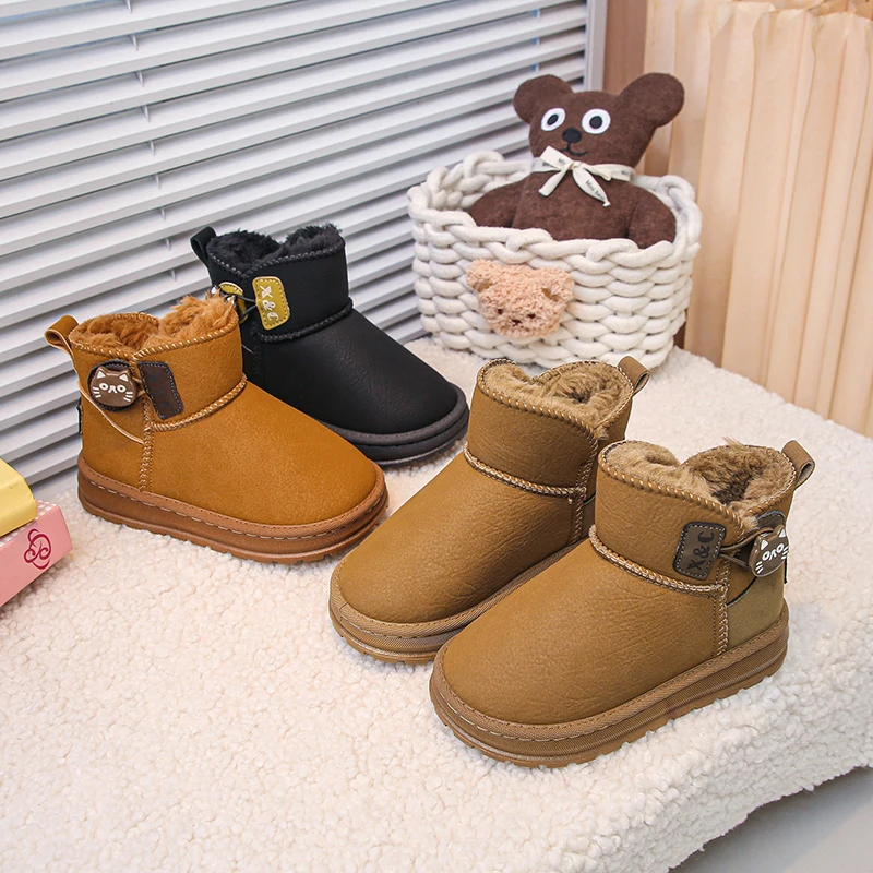 

Kids Short Boots Soild Color Versatile Children Snow Boots with Thick Fur 2025 Winter New Boys Girls Ankle Boots Round Toes Soft