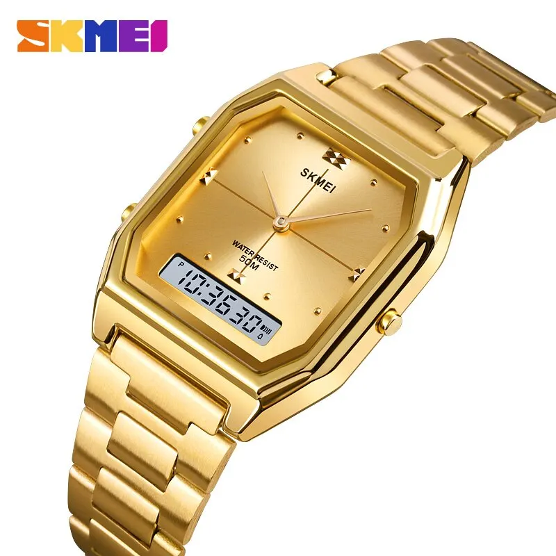 Skmei Topmerk Luxe Roestvrij Staal Chrono 3 Time Display Digitale Polshorloges Voor Mannen Vrouwen 5bar Waterdicht Reloj Hombre