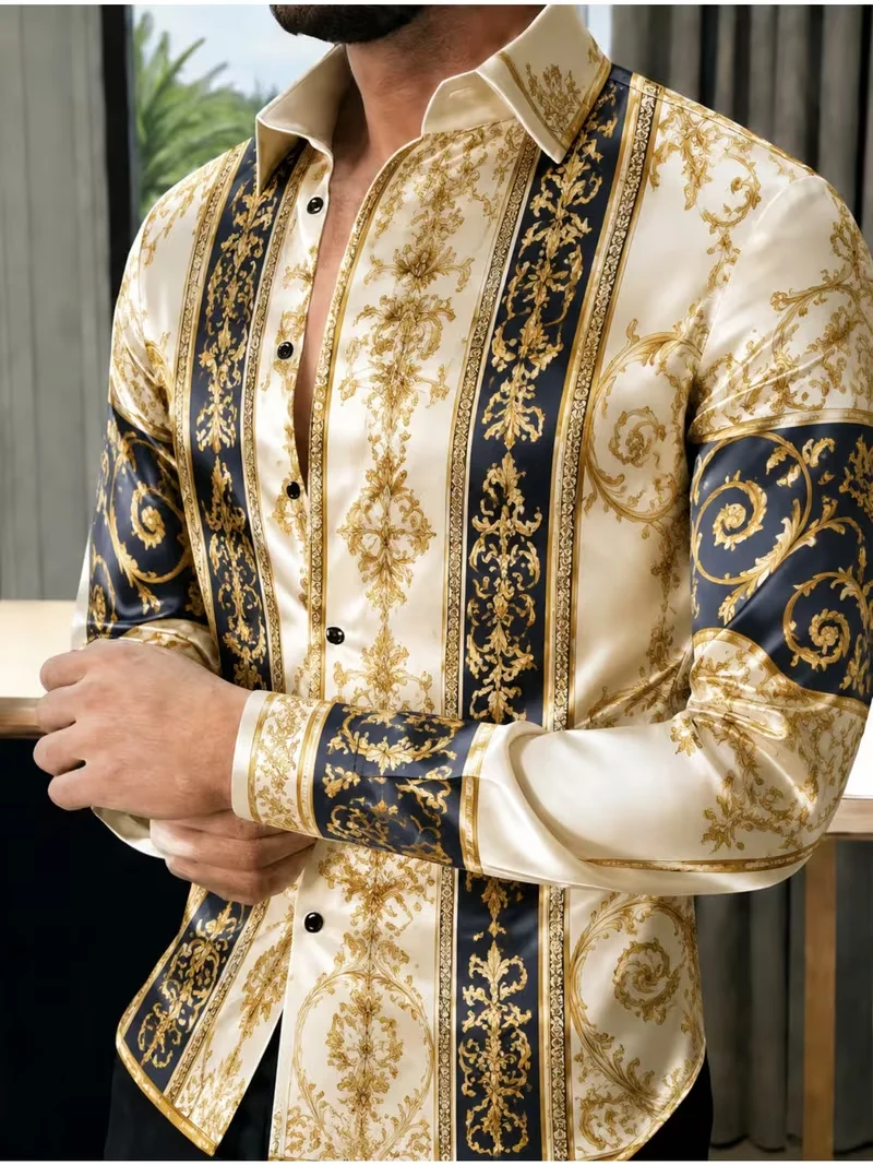 New red gold gradient rose flower print shirt for romantic banquet style men's slim fit long sleeved shirt