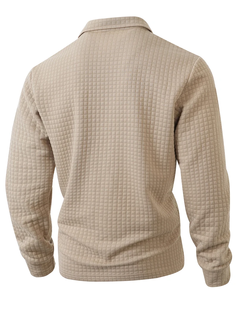 Herren Waffelstrick Langarm-Poloshirt mit Revers und Halbknopfleiste, Regular Fit, Frühling Herbst Business Casual Atmungsaktive Weiche Oberteile – Detail 8