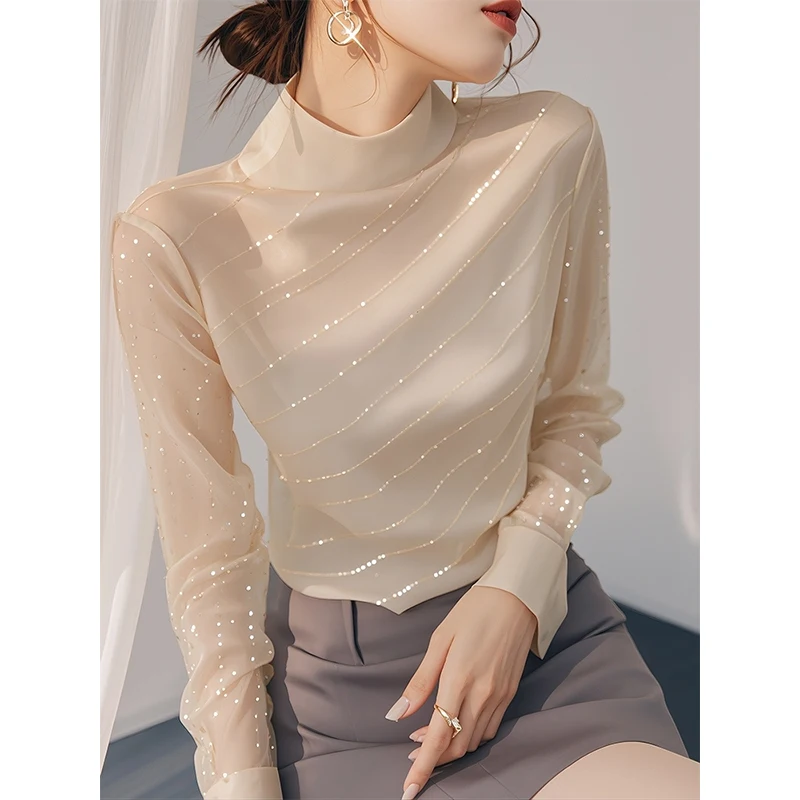 Women Spring Autumn Simplicity Office Lady Solid Color Stand-up Collar Long Sleeve Shirts Ladies Fashion All-match Diamonds Tops