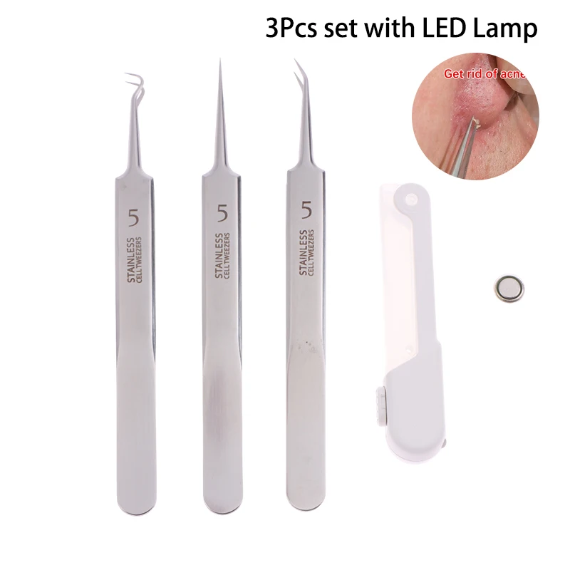 3 sztuk Led igła do trądziku pincety zaskórnika usuwanie pryszczy spiczasty Bend Gib Head narzędzia do pielęgnacji twarzy Comedone urządzenie do usuwania trądziku
