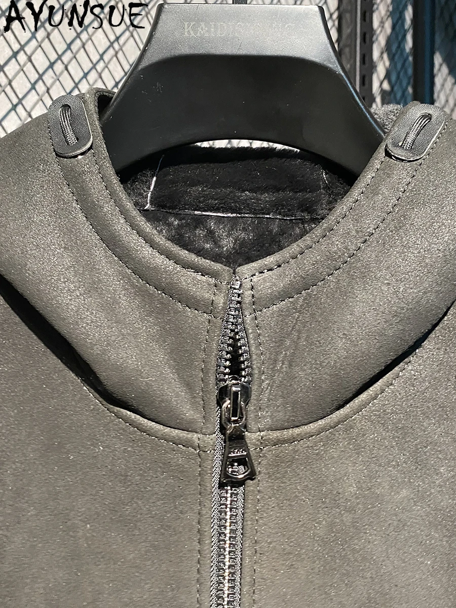 AYUNSUE معطف الفرو الطبيعي رجل الخريف الشتاء مقنعين الشتاء 100% حقيقية جلد الغنم سترة الرجال عادية معاطف الفراء الأسود الحقيقي #3