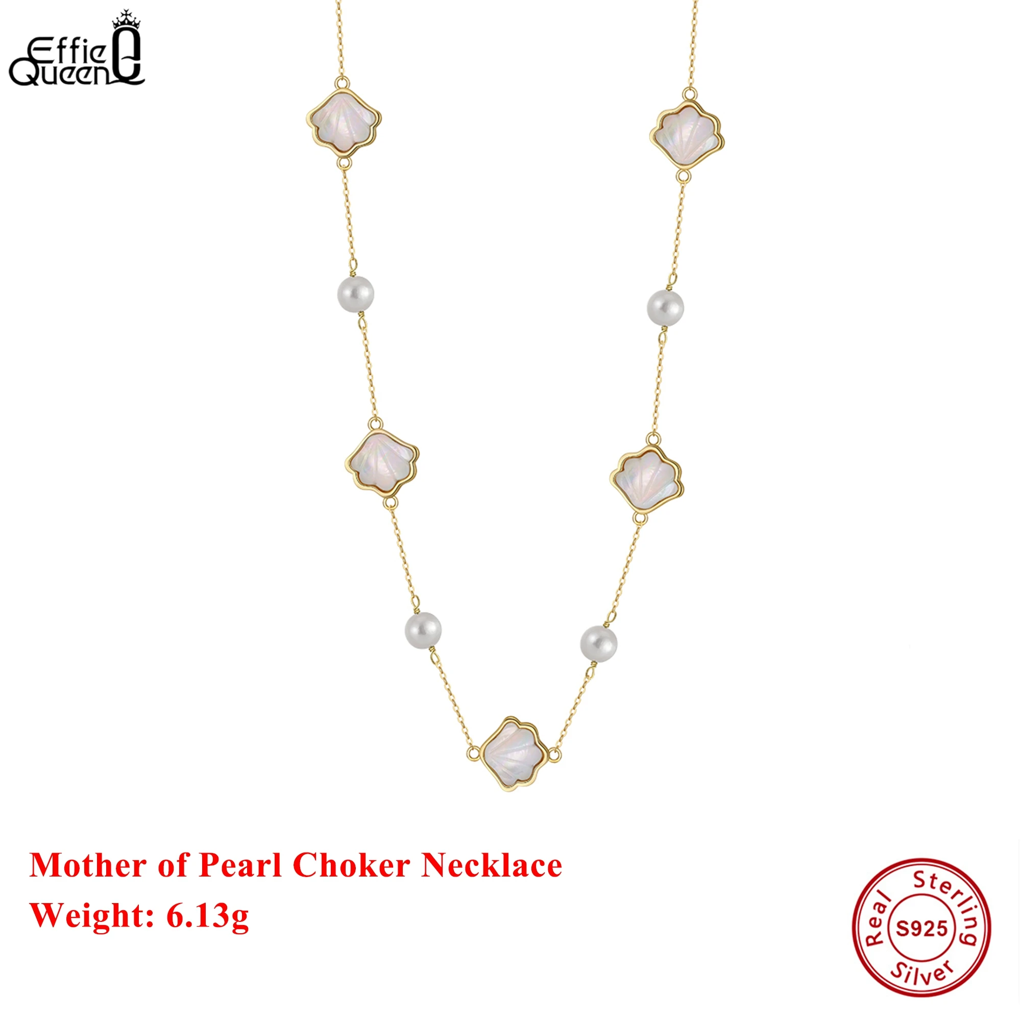

EFFIE QUEEN 100% S925 Silver 14k Gold Mother of Pearl Choker Necklace Natural Jewelry for Women Wedding Party Banquet Gift GPN86