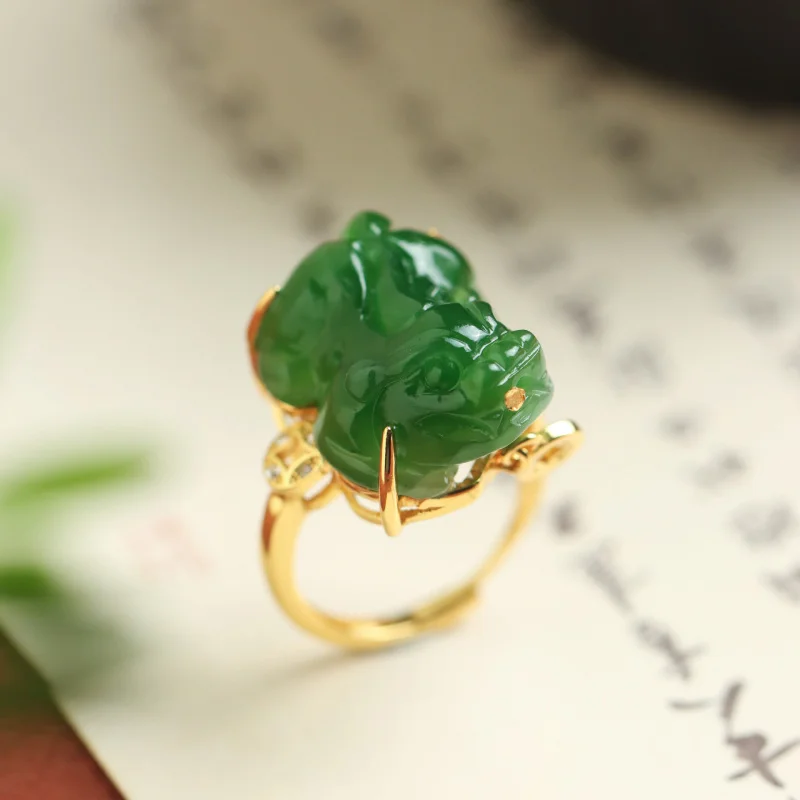 

S925 Sterling Silver Gold-Plated Hetian Jade Pixiu Adjustable Women'S Ring