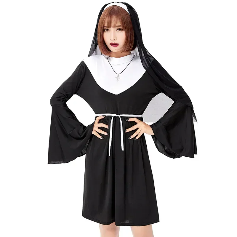 Halloween Costume Women's Nun Costume Traditional Adult Sister Black Robe Religious Costumes CosplayHalloween Costumes for Women