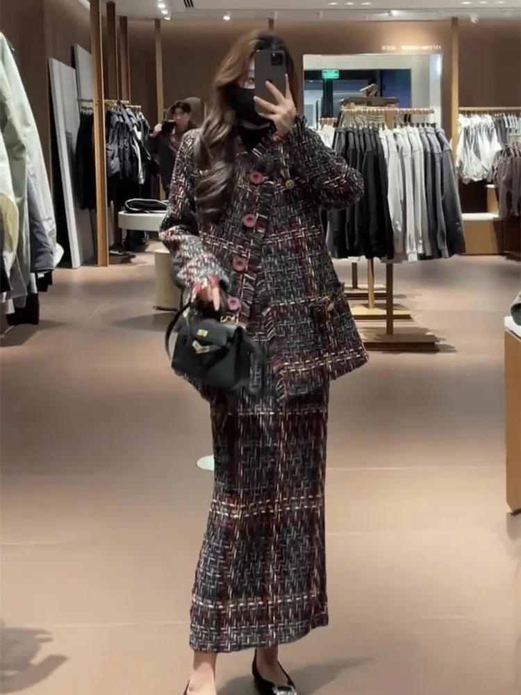 Inverno nova moda feminina high-end temperamento grosso tecer pequena fragrância estilo casaco + meia saia elegante conjunto de duas peças