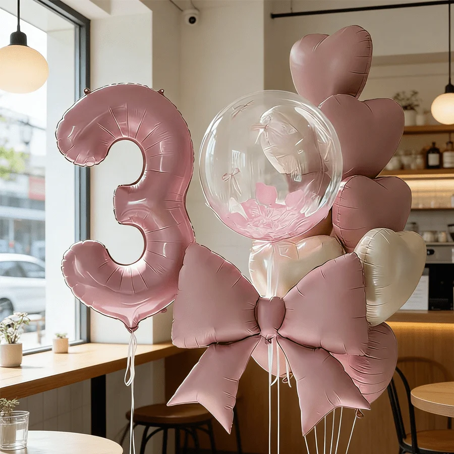 Conjunto de Festa de Aniversário Rosa com 18 Peças, Balões de Número de 32 Polegadas e Balões de Folha 0-9, Laço Rosa Fosco Transparente, Balões de Coração Macaron e Creme para Decoração
