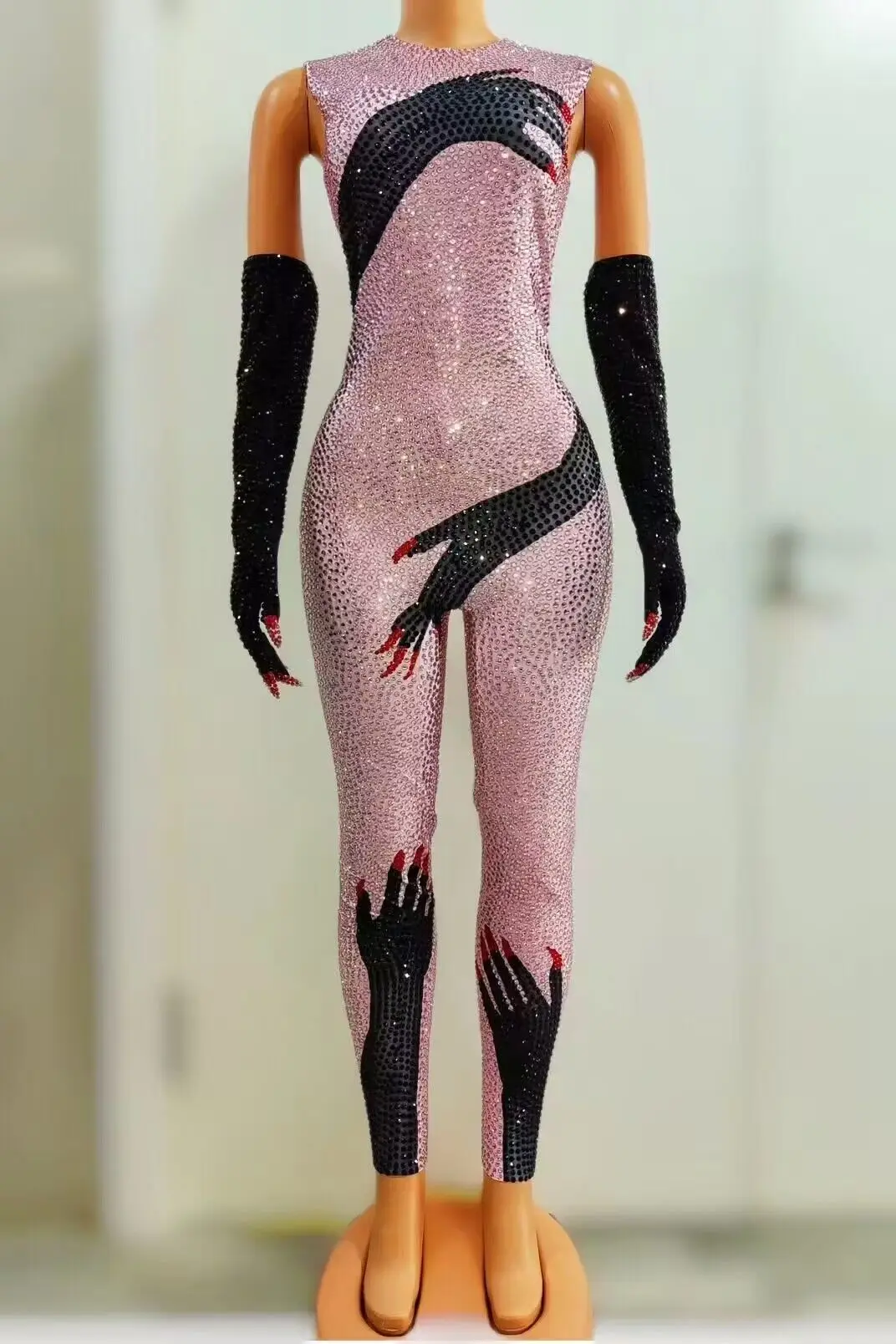 Mono brillante con lentejuelas para mujer, mono con guantes negros, diseño Sexy, disfraz de Drag Queen, bailarina, cantante, ropa de escenario, actuación Heishou