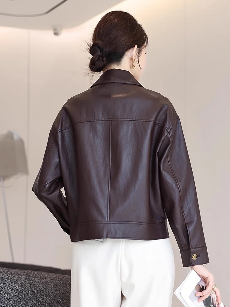 New Women Loose Split Leather Jacket Spring Autumn Fashion Turn-down Collar Long Sleeve Short Coat Casual Leather Coat Female