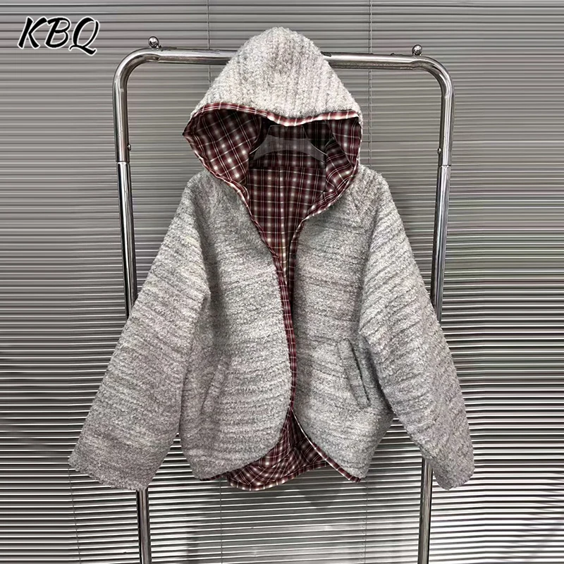

KBQ Свободная двусторонняя куртка со сращенными карманами для женщин, повседневные свободные пальто с капюшоном и длинными рукавами, женский модный стиль