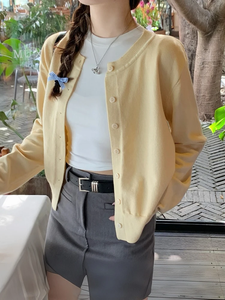 

Женский вязаный открытый кардиган, свободный крой, тонкий осенний верхняя одежда, желтый топ, повседневный свитер Faion Long Sve round Ne